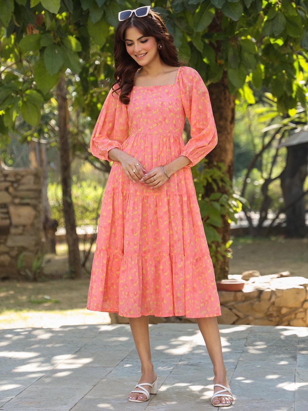 Janasya Light Georgette Floral Tiered Dress | Grocsy