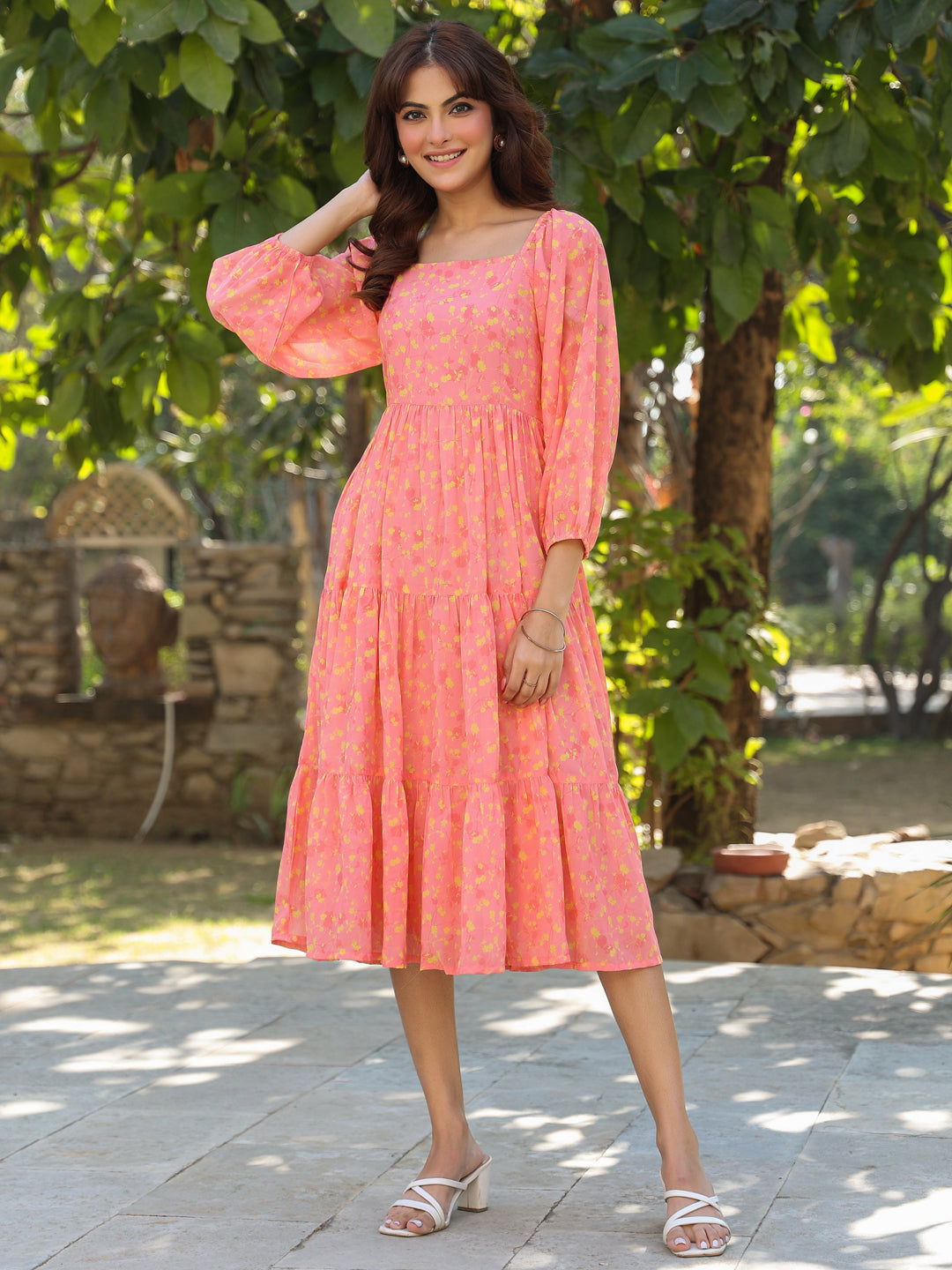 Janasya Light Georgette Floral Tiered Dress | Grocsy