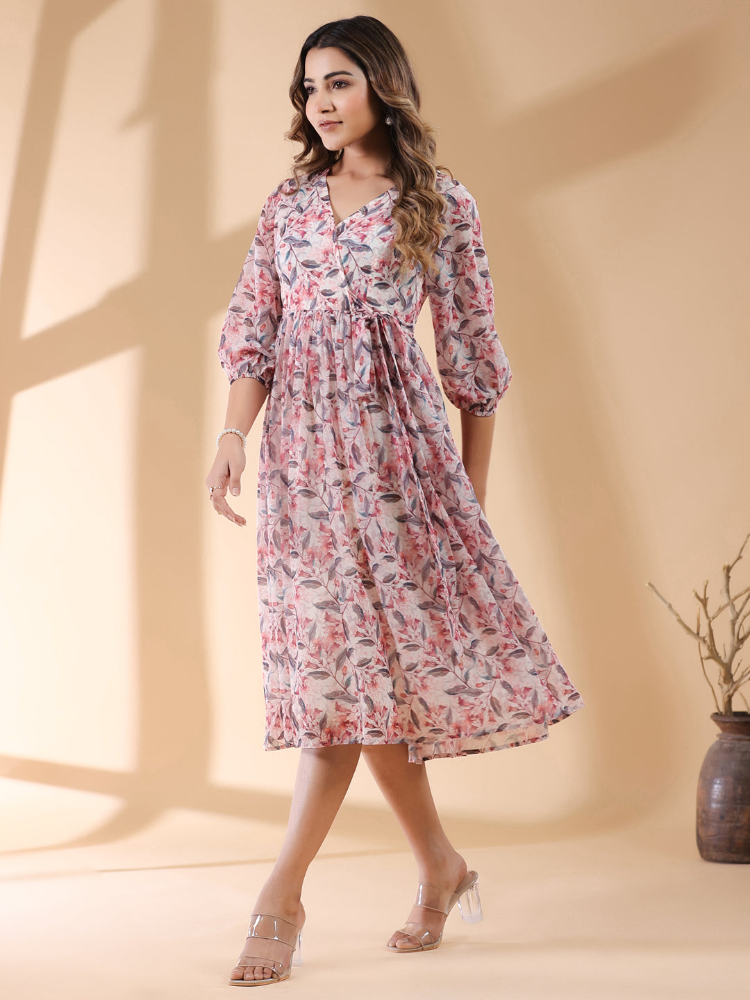 Janasya Light Georgette Floral Wrap Dress | Grocsy