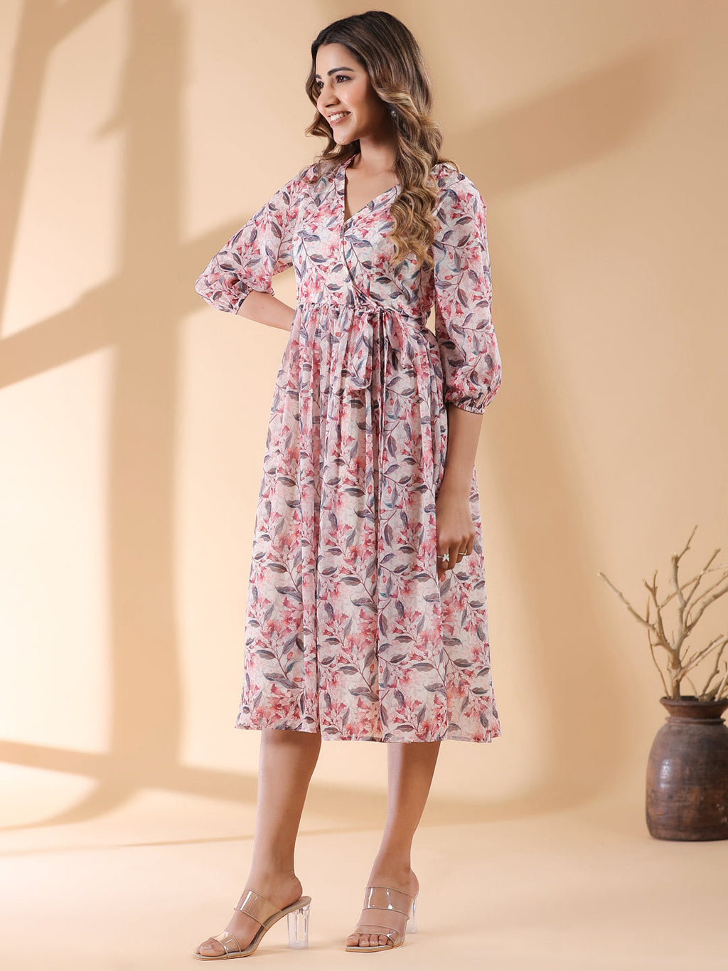 Janasya Light Georgette Floral Wrap Dress | Grocsy