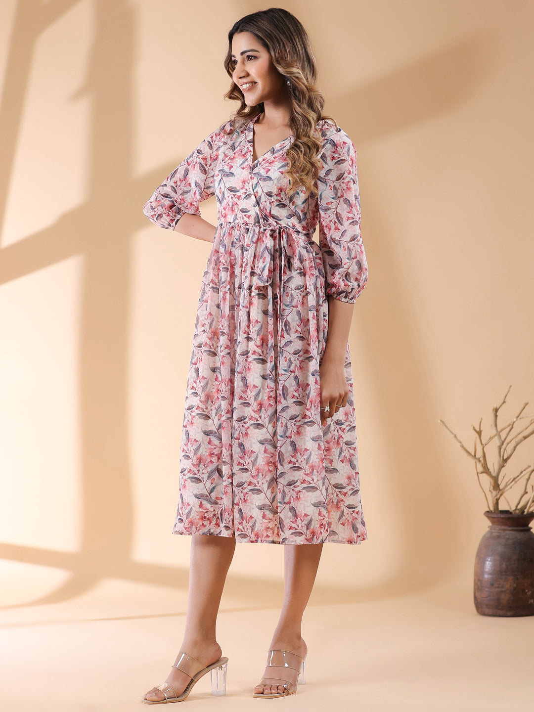 Janasya Light Georgette Floral Wrap Dress | Grocsy