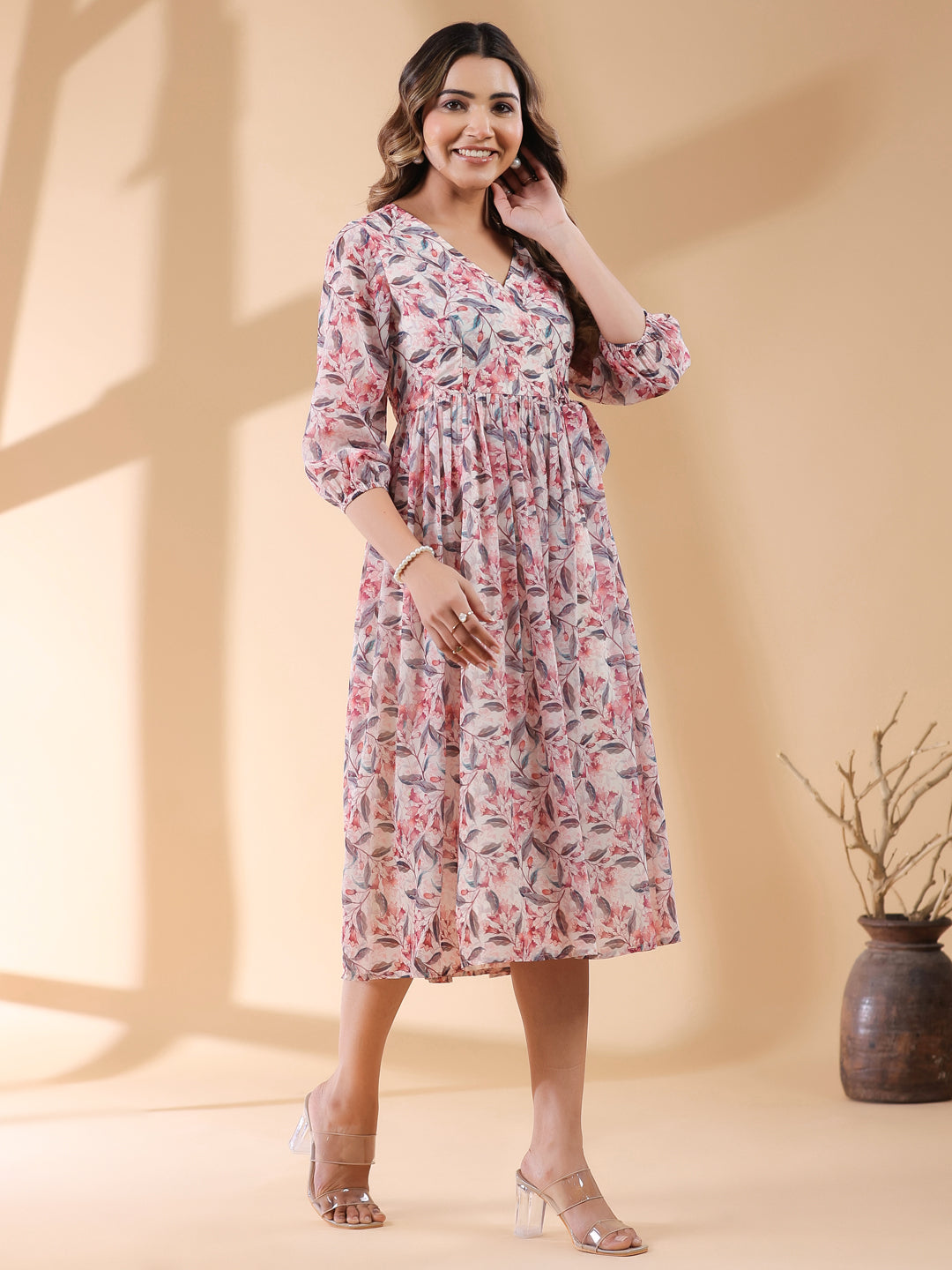 Janasya Light Georgette Floral Wrap Dress | Grocsy