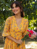 Janasya Bright Georgette Floral Gathered Dress | Grocsy
