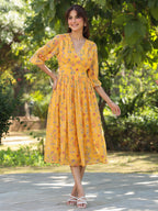 Janasya Bright Georgette Floral Gathered Dress | Grocsy