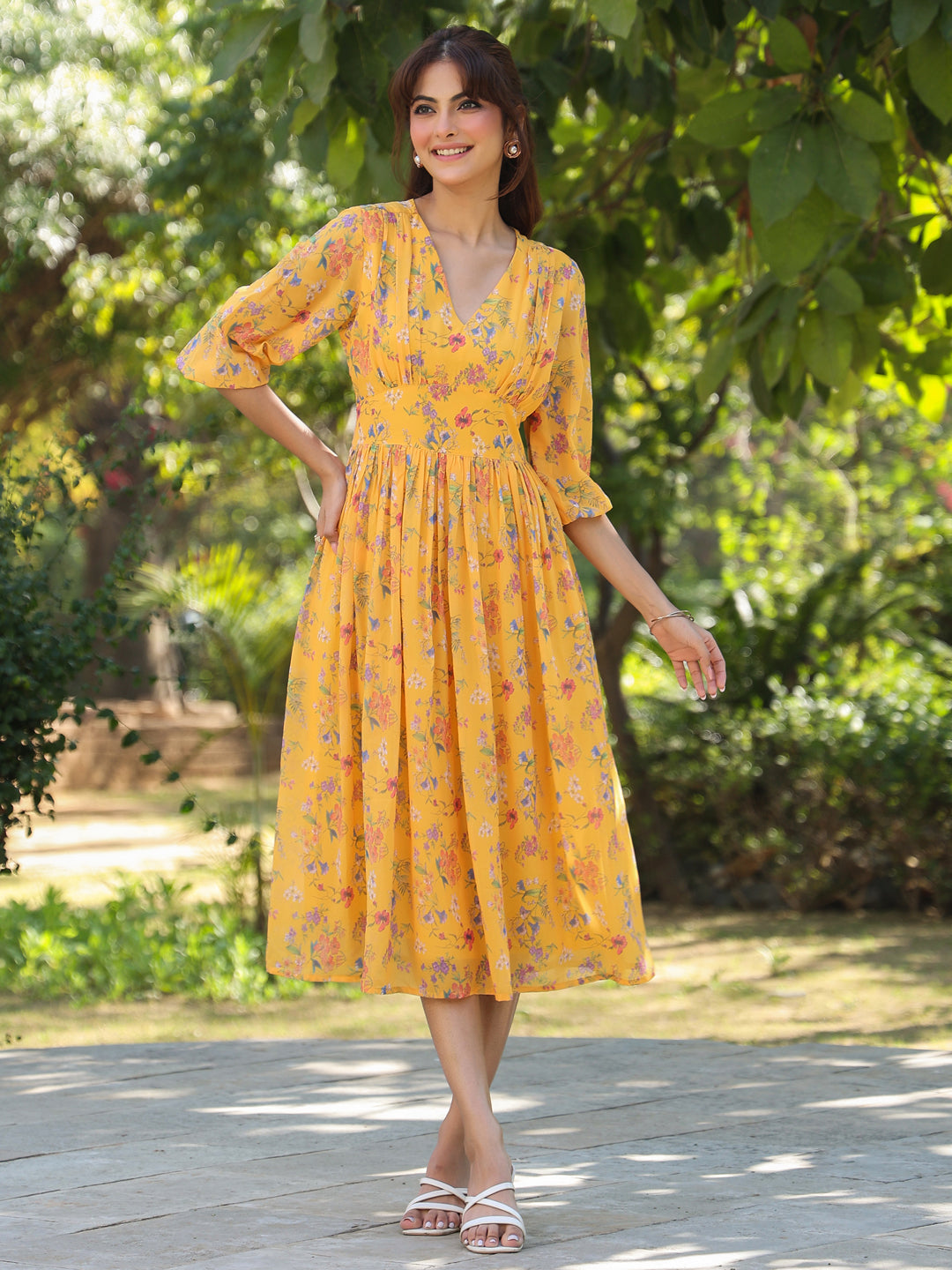Janasya Bright Georgette Floral Gathered Dress | Grocsy