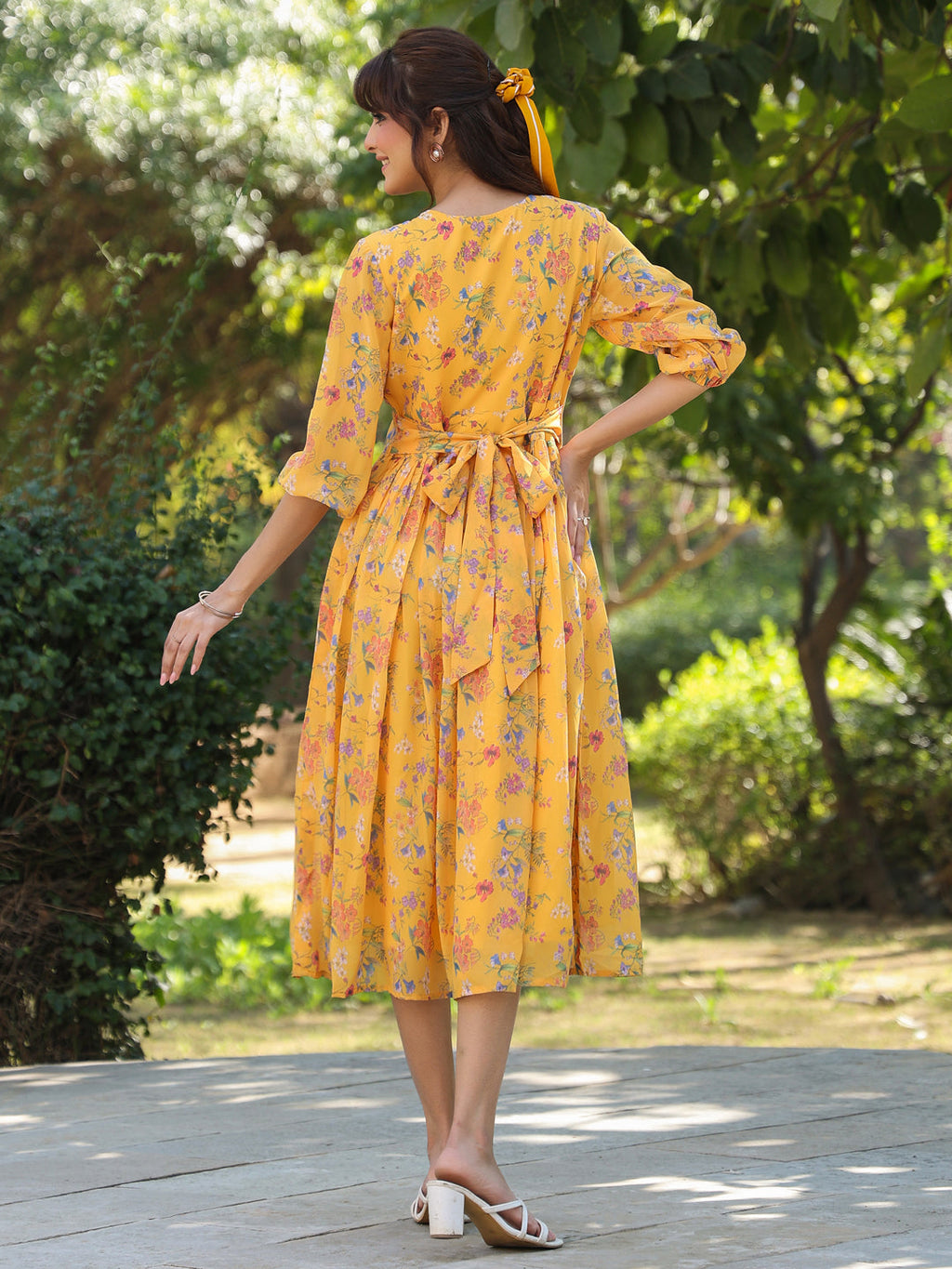 Janasya Bright Georgette Floral Gathered Dress | Grocsy