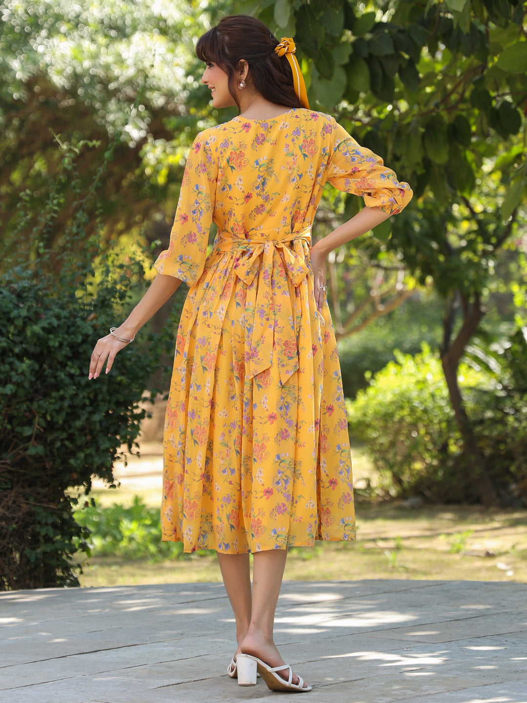 Janasya Bright Georgette Floral Gathered Dress | Grocsy