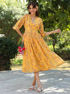 Janasya Bright Georgette Floral Gathered Dress | Grocsy