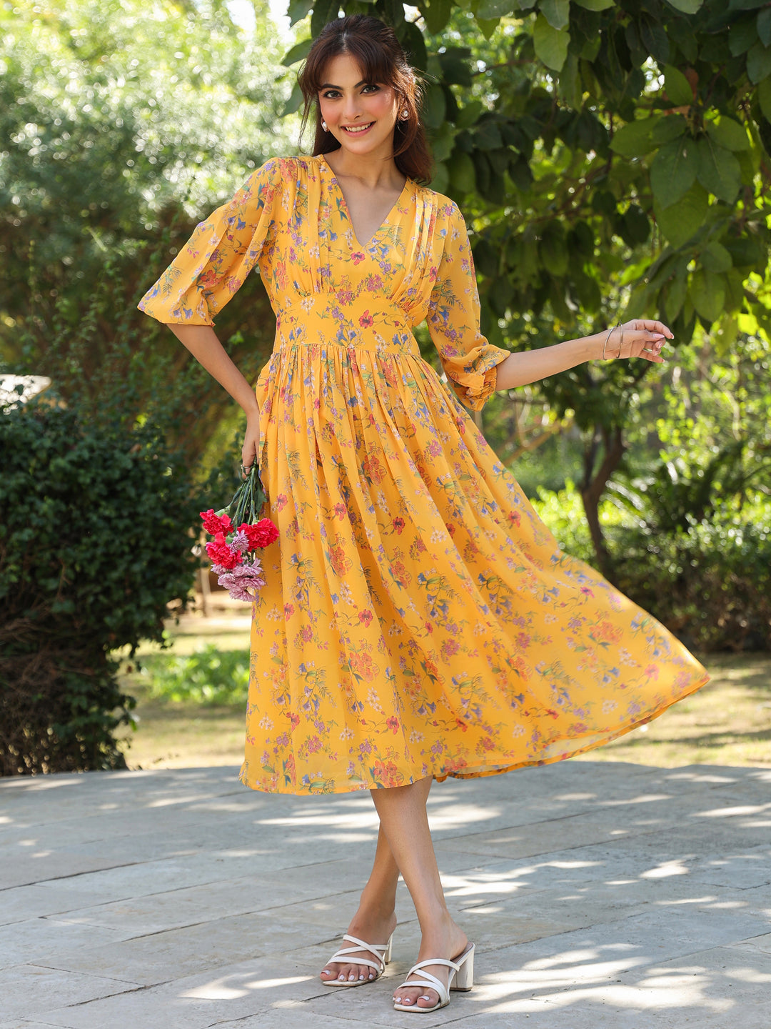 Janasya Bright Georgette Floral Gathered Dress | Grocsy