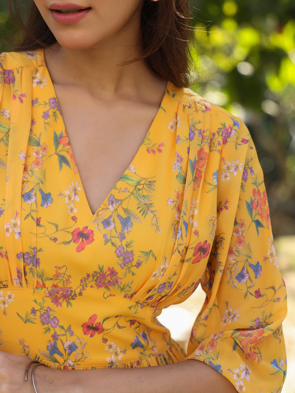 Janasya Bright Georgette Floral Gathered Dress | Grocsy