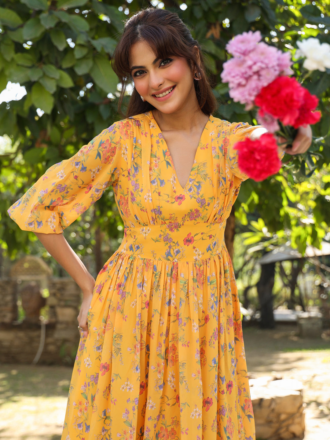 Janasya Bright Georgette Floral Gathered Dress | Grocsy