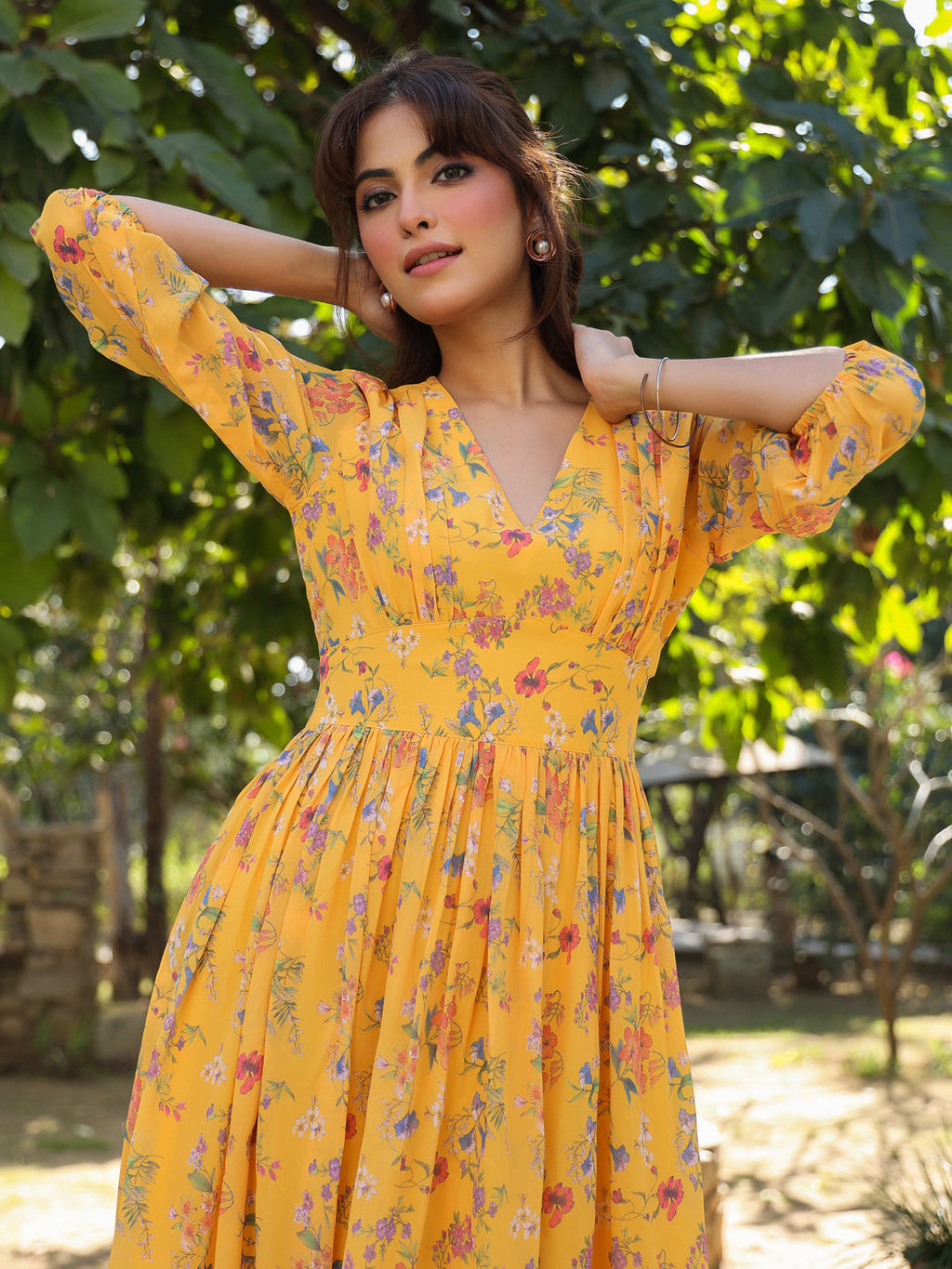 Janasya Bright Georgette Floral Gathered Dress | Grocsy