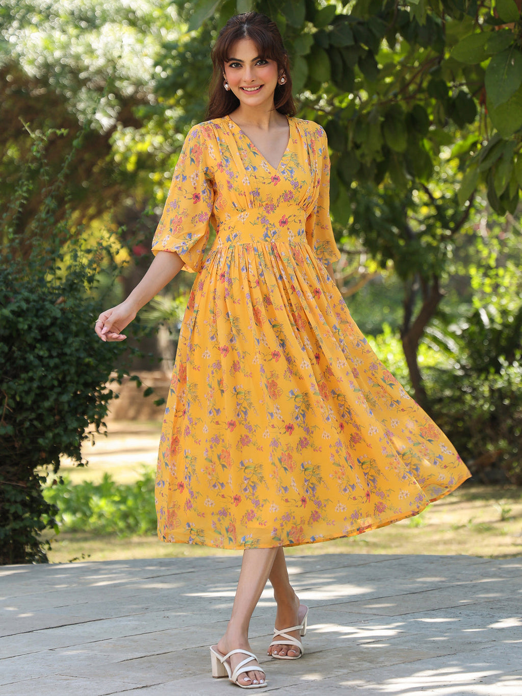 Janasya Bright Georgette Floral Gathered Dress | Grocsy