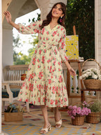 Janasya Bright Georgette Floral Fit & Flare Dress | Grocsy