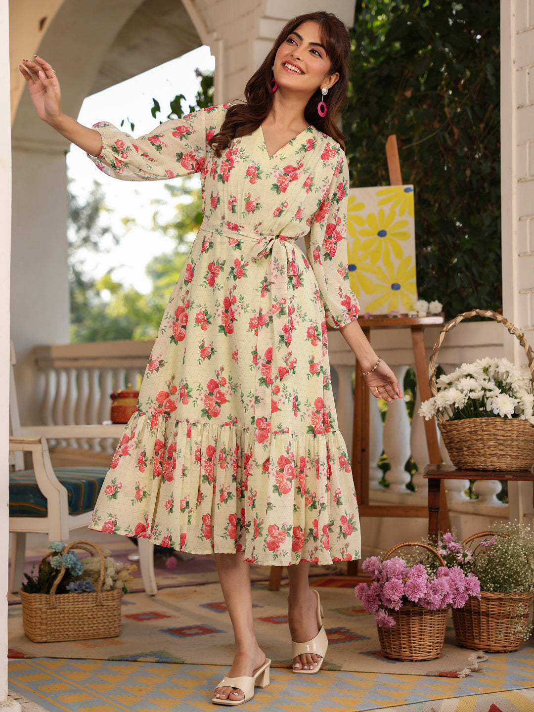Janasya Bright Georgette Floral Fit & Flare Dress | Grocsy