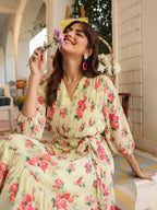 Janasya Bright Georgette Floral Fit & Flare Dress | Grocsy
