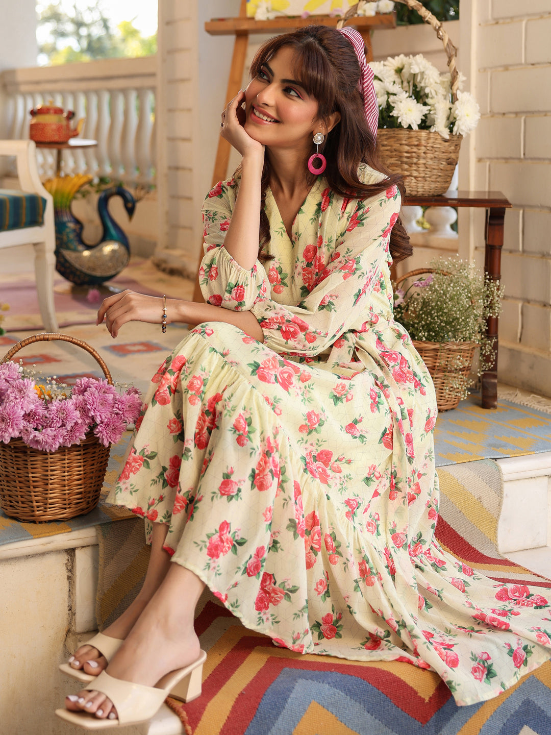 Janasya Bright Georgette Floral Fit & Flare Dress | Grocsy