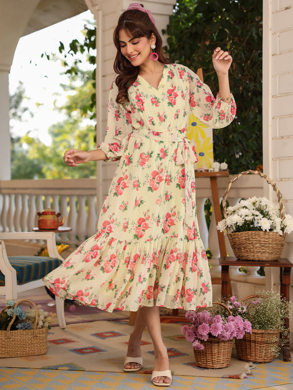 Janasya Bright Georgette Floral Fit & Flare Dress | Grocsy