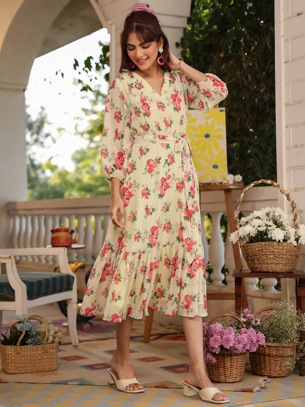 Janasya Bright Georgette Floral Fit & Flare Dress | Grocsy