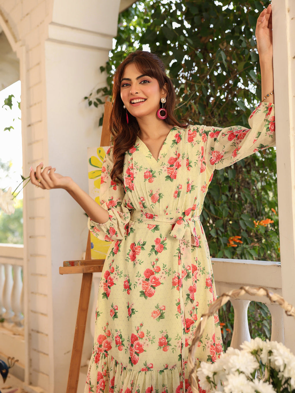 Janasya Bright Georgette Floral Fit & Flare Dress | Grocsy