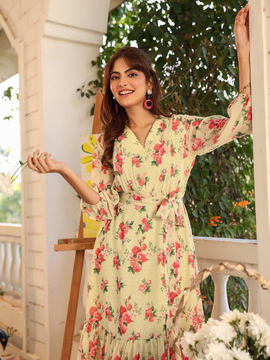 Janasya Bright Georgette Floral Fit & Flare Dress | Grocsy