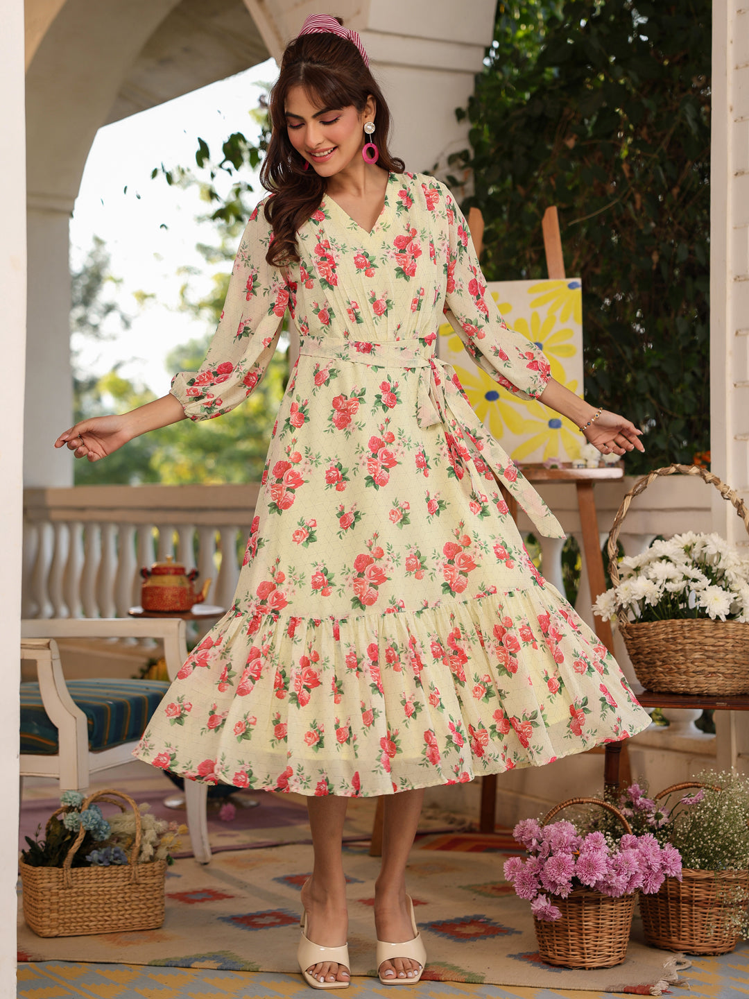 Janasya Bright Georgette Floral Fit & Flare Dress | Grocsy