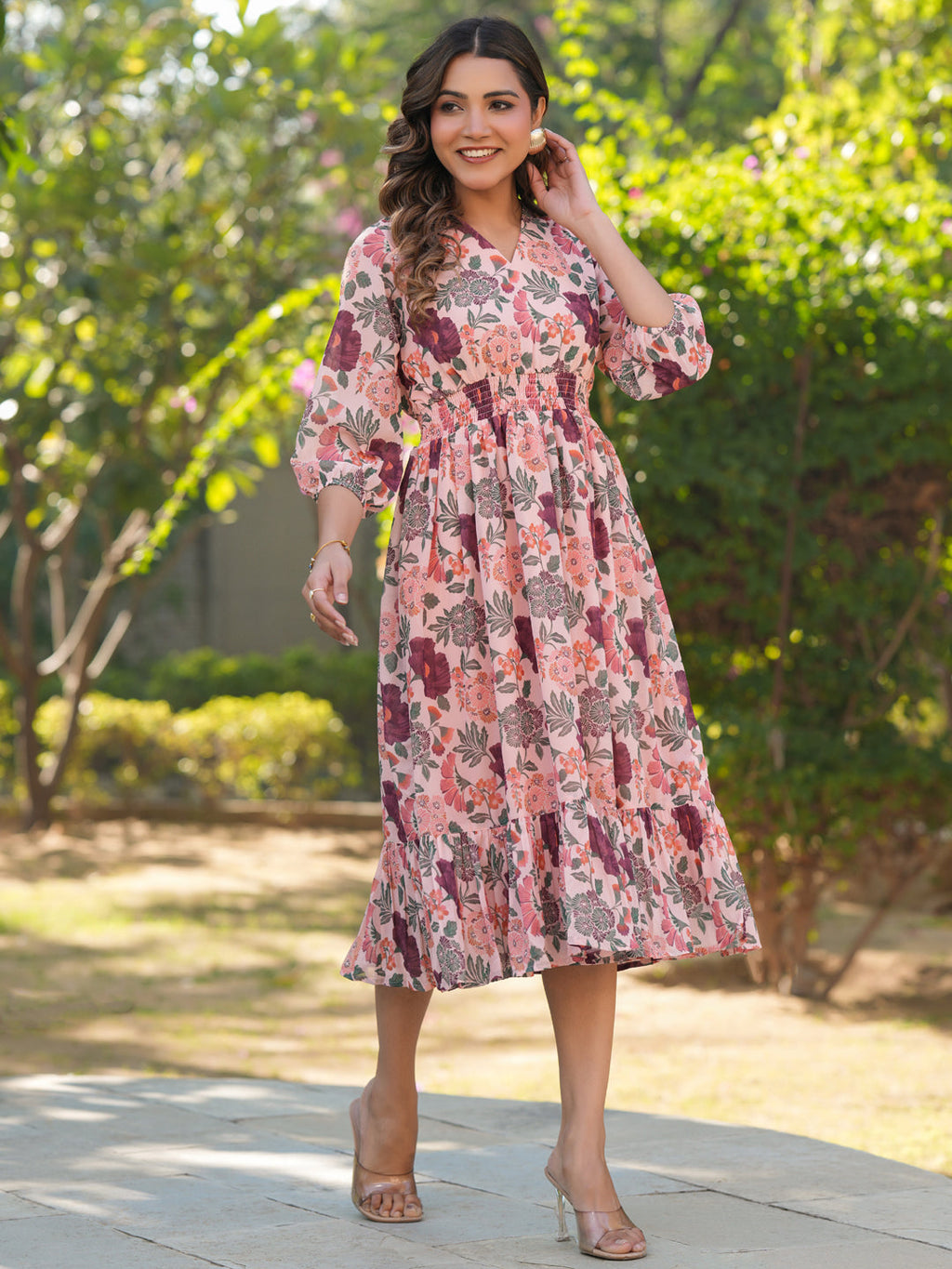 Janasya Light Georgette Floral Fit & Flare Dress | Grocsy