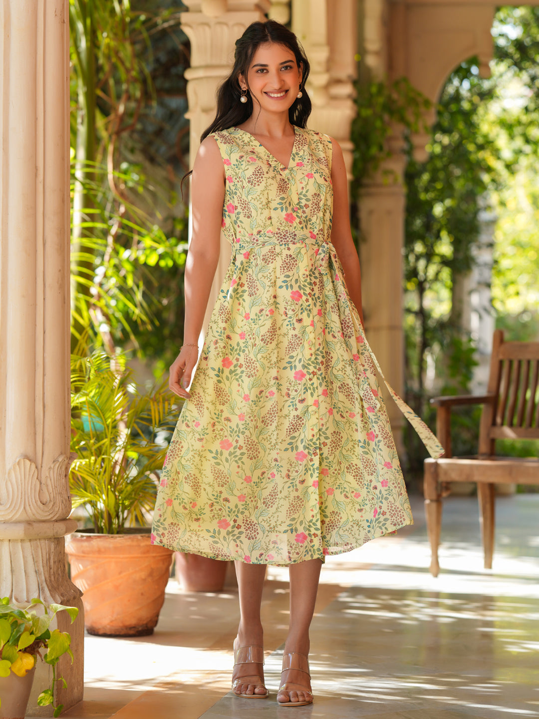 Janasya Light Georgette Floral A-Line Dress | Grocsy