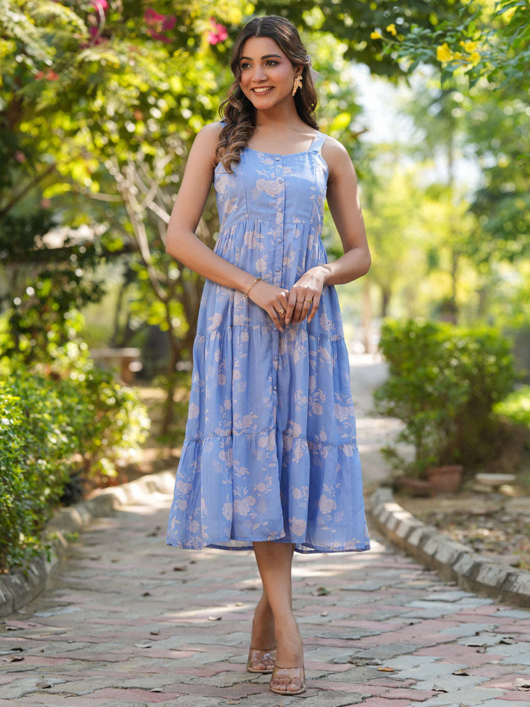 Janasya Bright Georgette Floral Tiered Dress | Grocsy