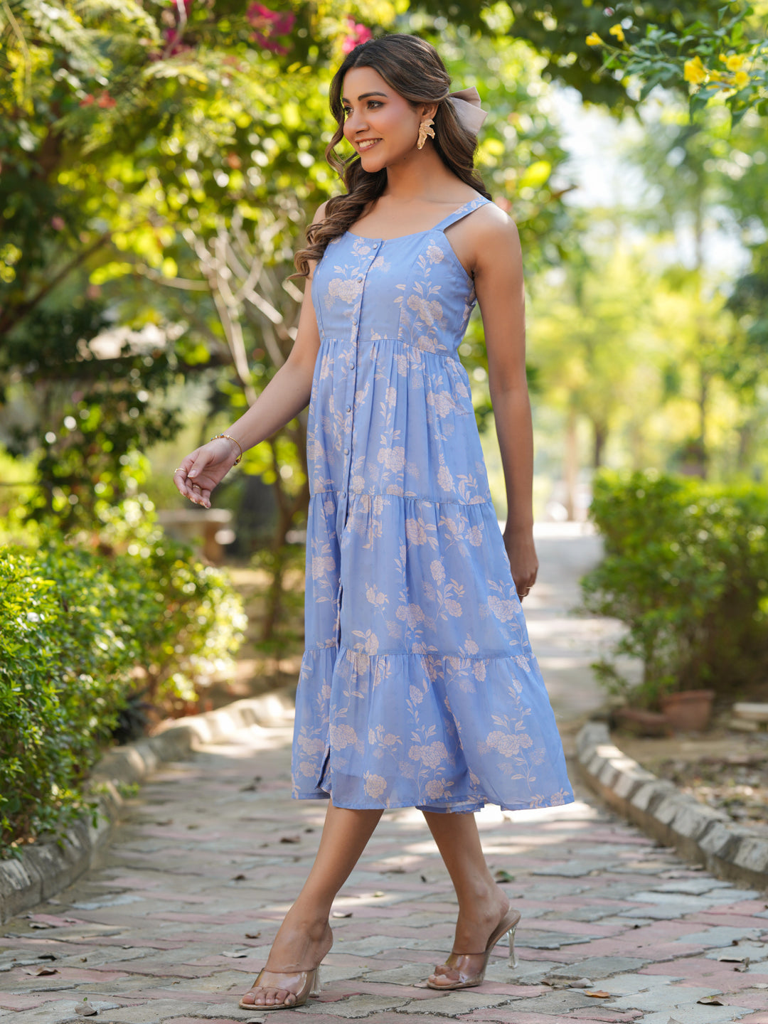 Janasya Bright Georgette Floral Tiered Dress | Grocsy