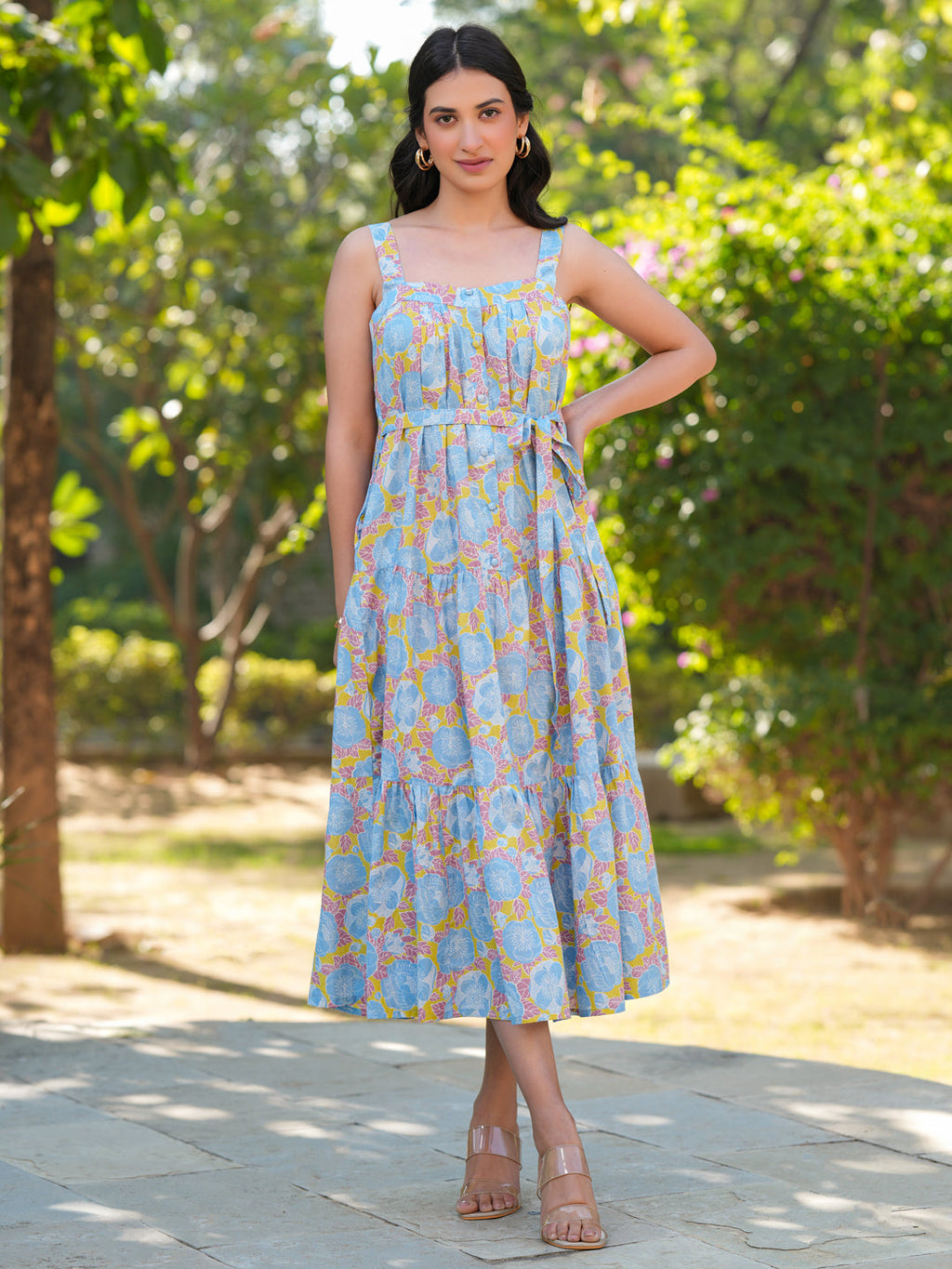 Janasya Light Cotton Floral Tiered Dress | Grocsy