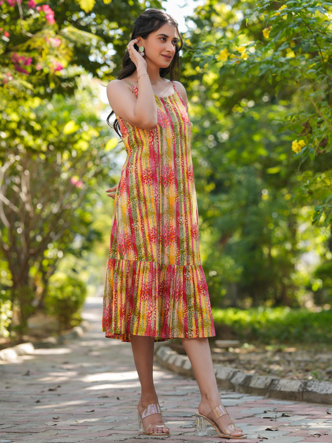 Janasya Bright Cotton Floral Tiered Dress | Grocsy