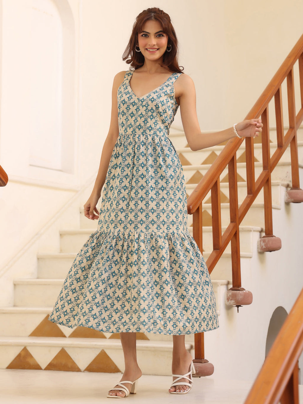 Janasya Light Cotton Ethnic Motifs Tiered Dress | Grocsy