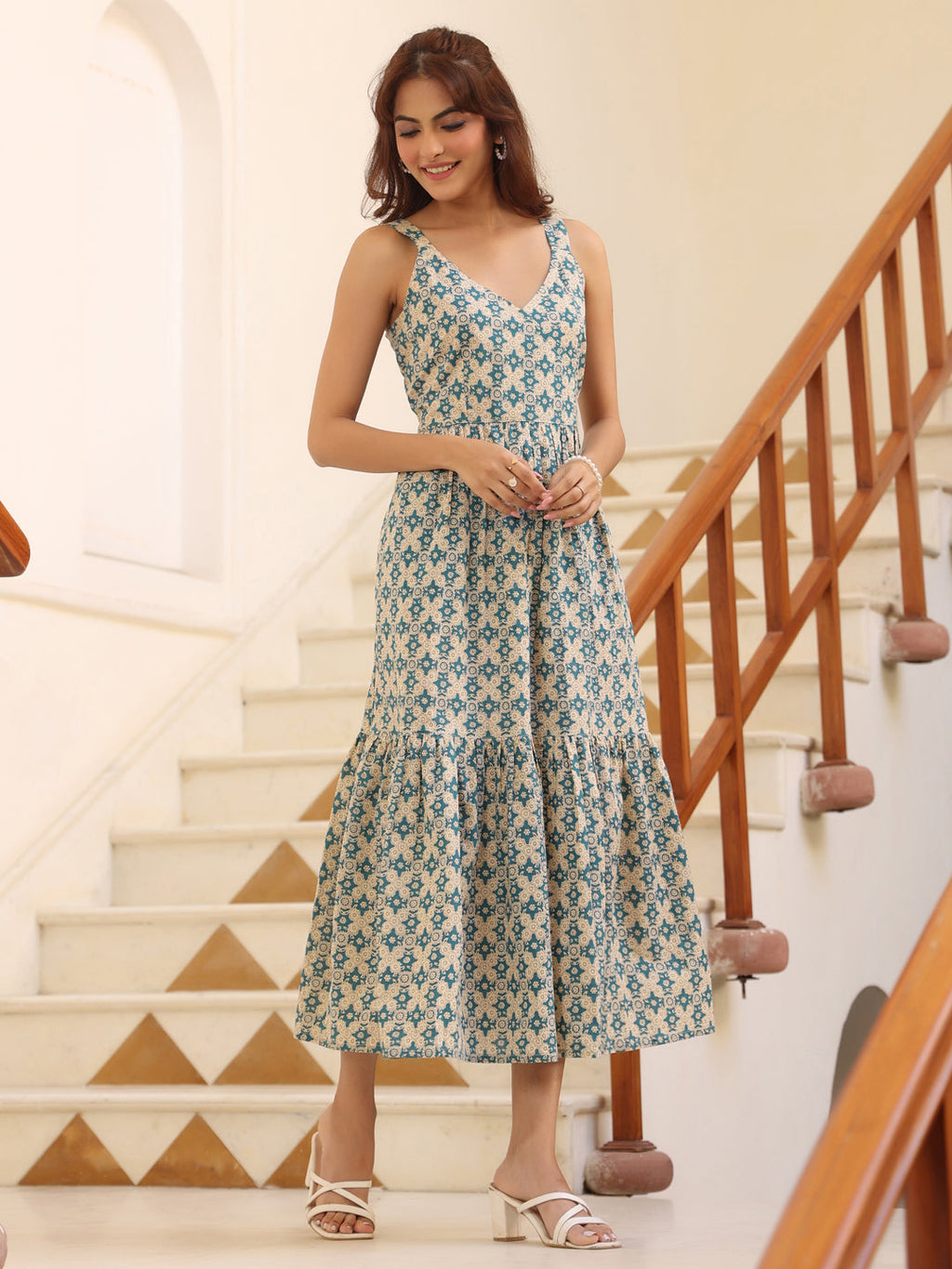 Janasya Light Cotton Ethnic Motifs Tiered Dress | Grocsy