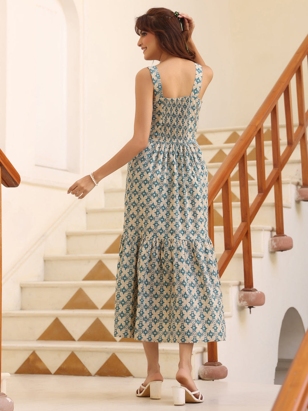 Janasya Light Cotton Ethnic Motifs Tiered Dress | Grocsy