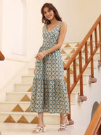Janasya Light Cotton Ethnic Motifs Tiered Dress | Grocsy