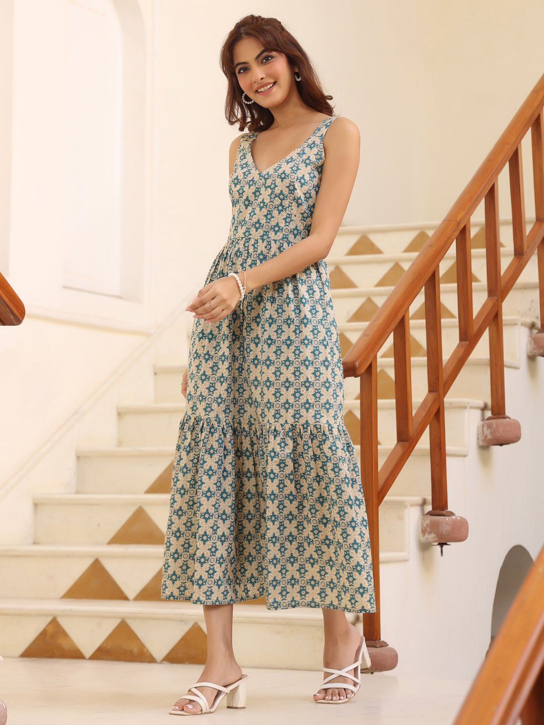 Janasya Light Cotton Ethnic Motifs Tiered Dress | Grocsy