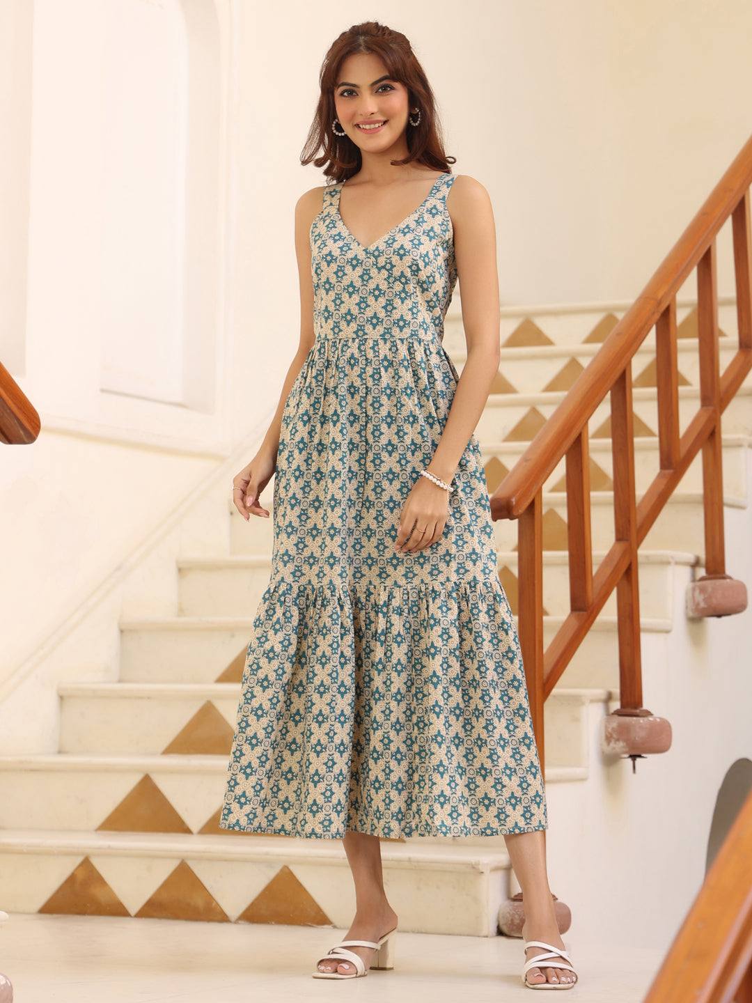 Janasya Light Cotton Ethnic Motifs Tiered Dress | Grocsy