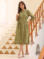 Janasya Dark Cotton Floral A-Line Dress | Grocsy
