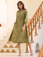 Janasya Dark Cotton Floral A-Line Dress | Grocsy
