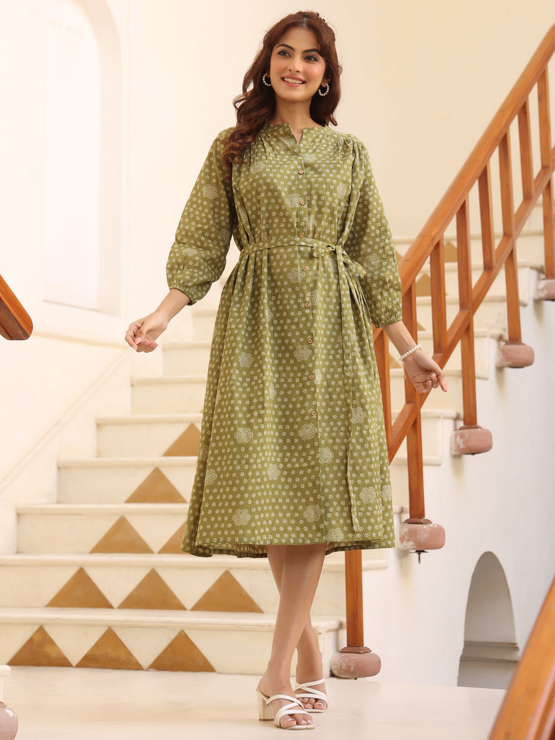 Janasya Dark Cotton Floral A-Line Dress | Grocsy
