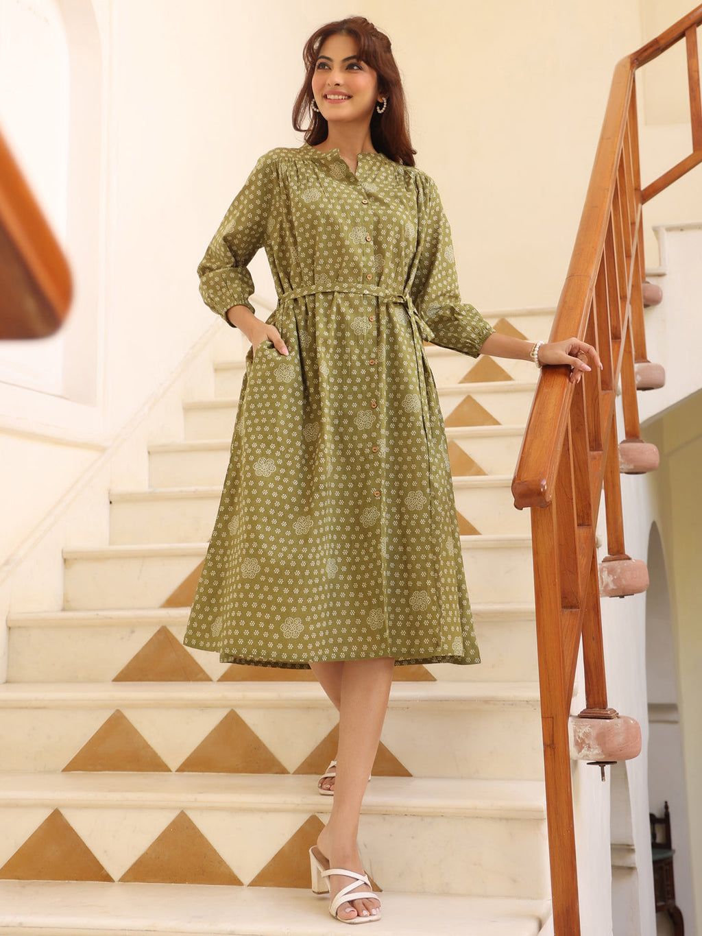 Janasya Dark Cotton Floral A-Line Dress | Grocsy