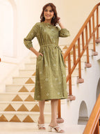 Janasya Dark Cotton Floral A-Line Dress | Grocsy