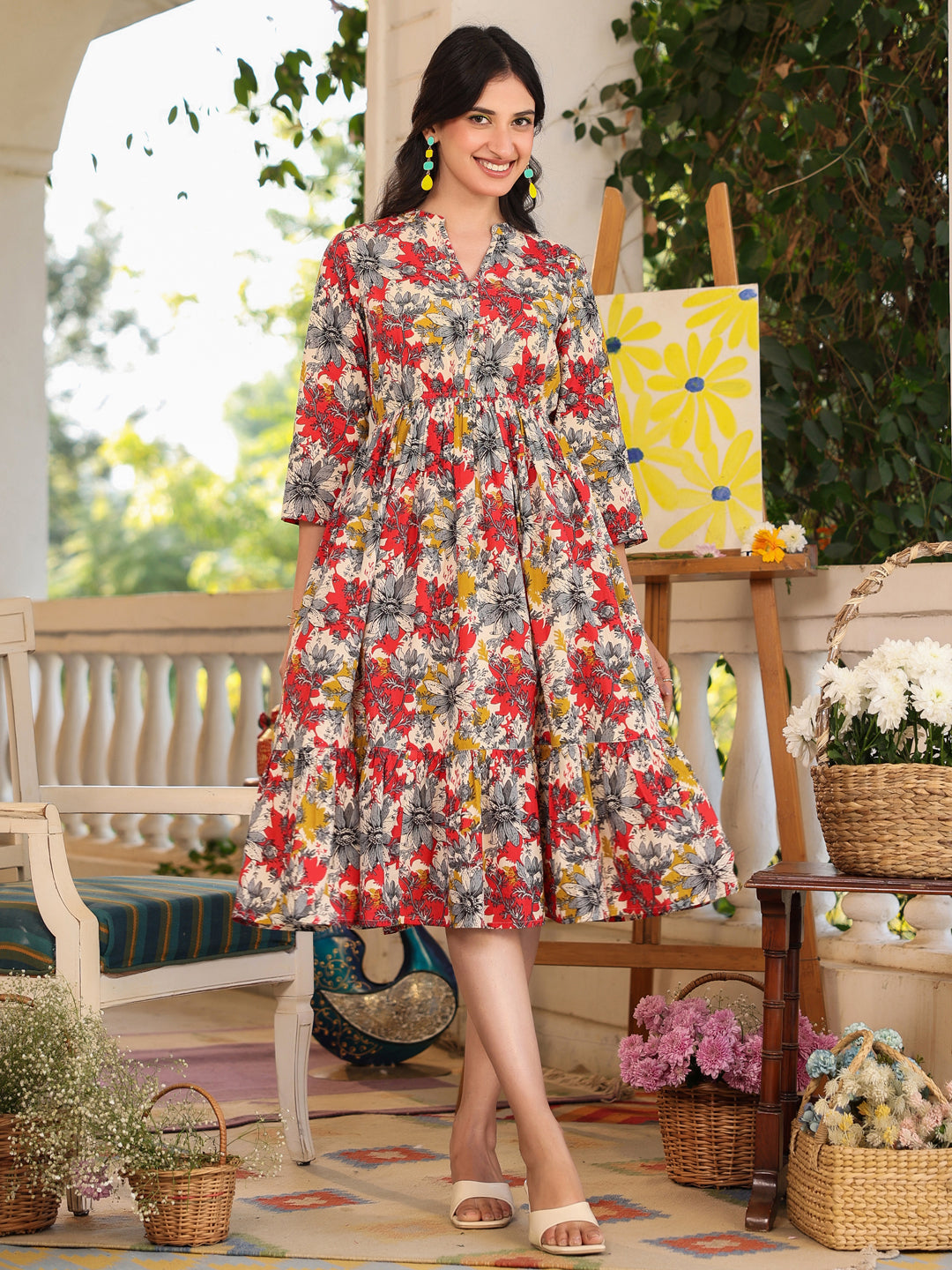 Janasya Dark Cotton Floral Tiered Dress | Grocsy