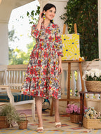 Janasya Dark Cotton Floral Tiered Dress | Grocsy