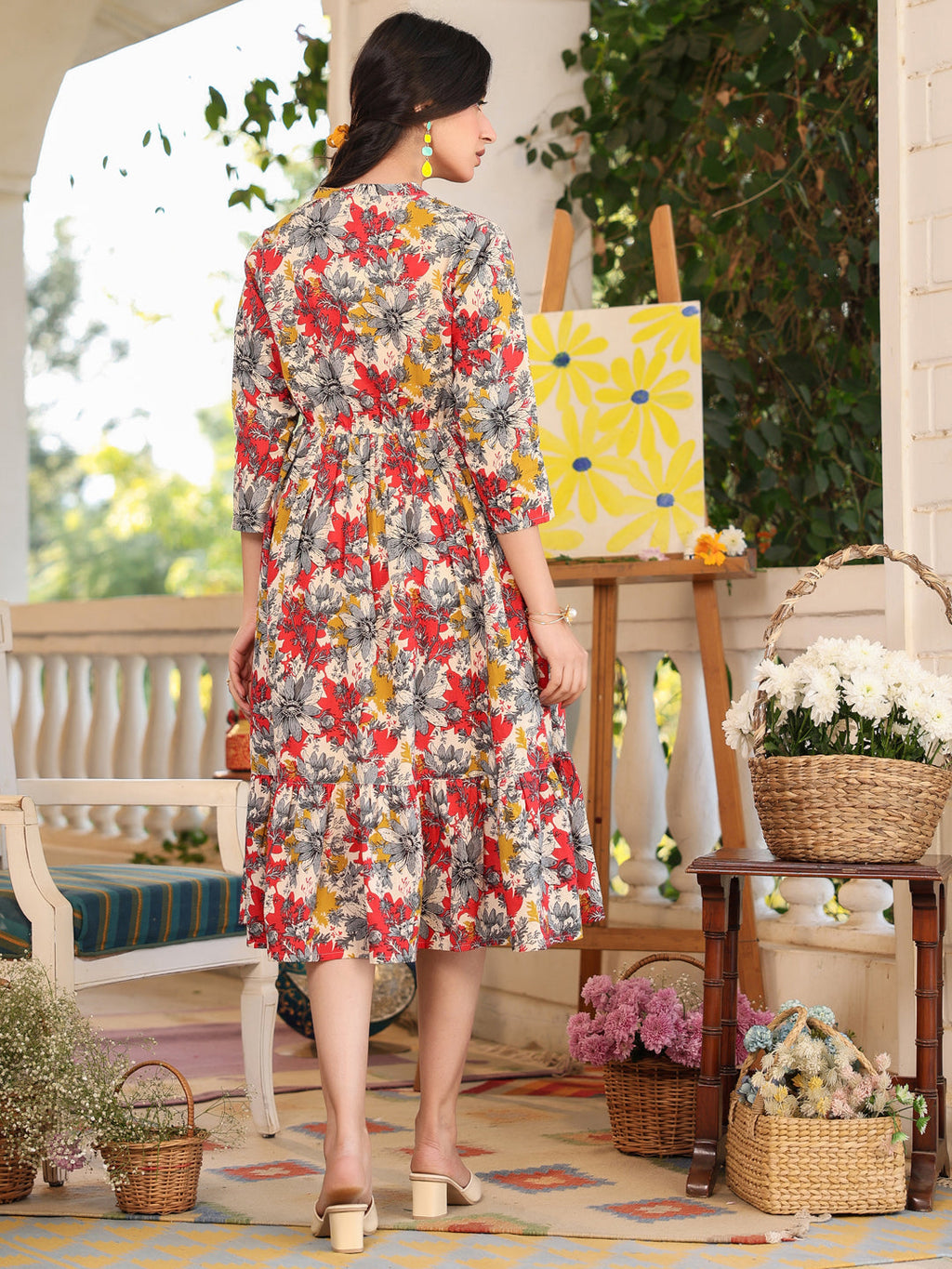 Janasya Dark Cotton Floral Tiered Dress | Grocsy