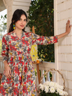 Janasya Dark Cotton Floral Tiered Dress | Grocsy