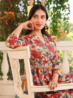 Janasya Dark Cotton Floral Tiered Dress | Grocsy