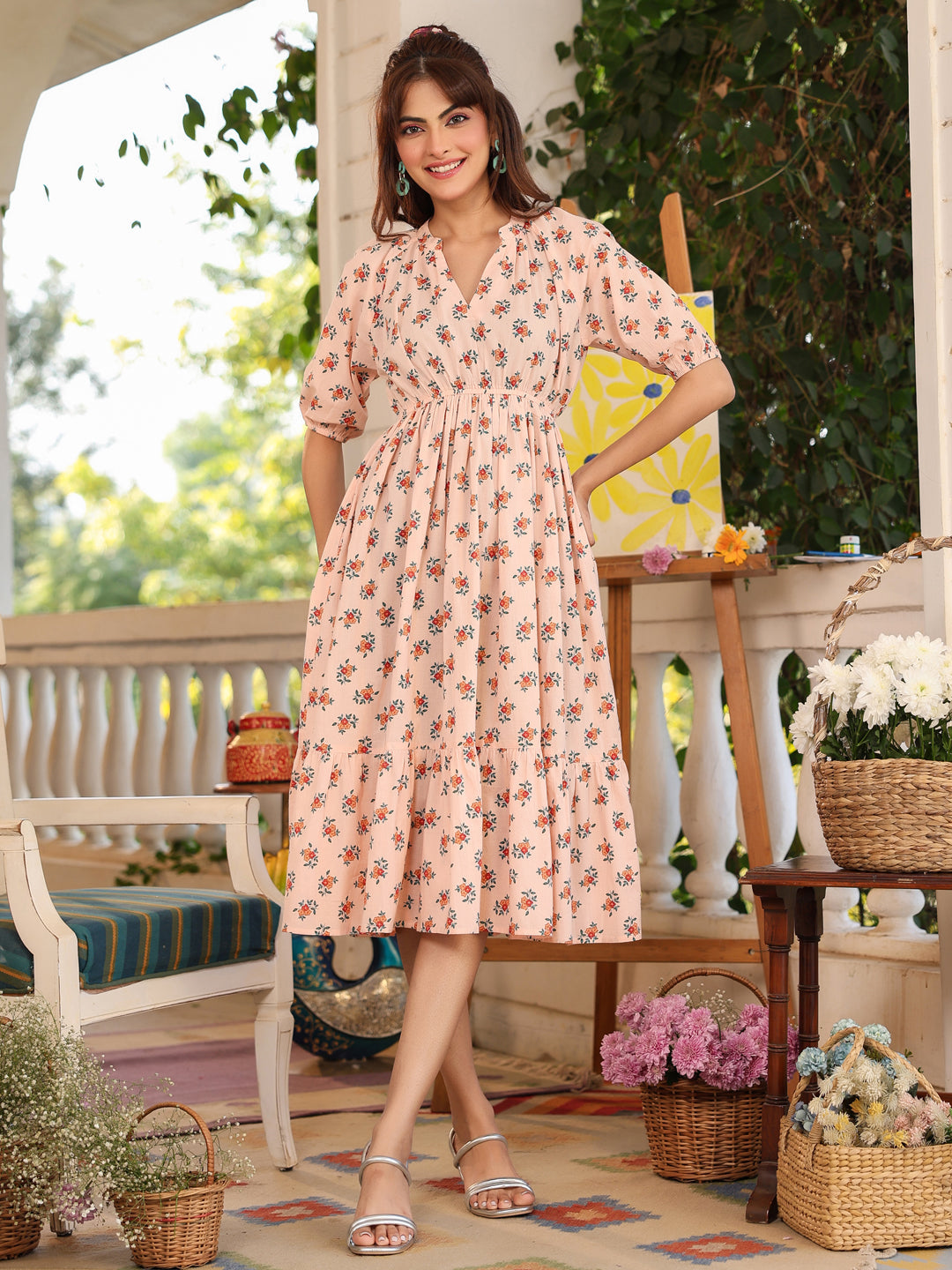 Janasya Light Cotton Floral Tiered Dress | Grocsy