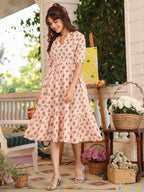 Janasya Light Cotton Floral Tiered Dress | Grocsy